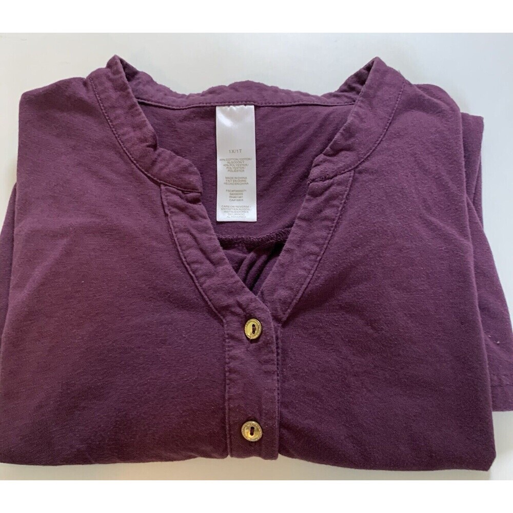 Avon Henley Pullover Cotton Tee Womens 1X Purple Gold Buttons Roll-Up Sleeves